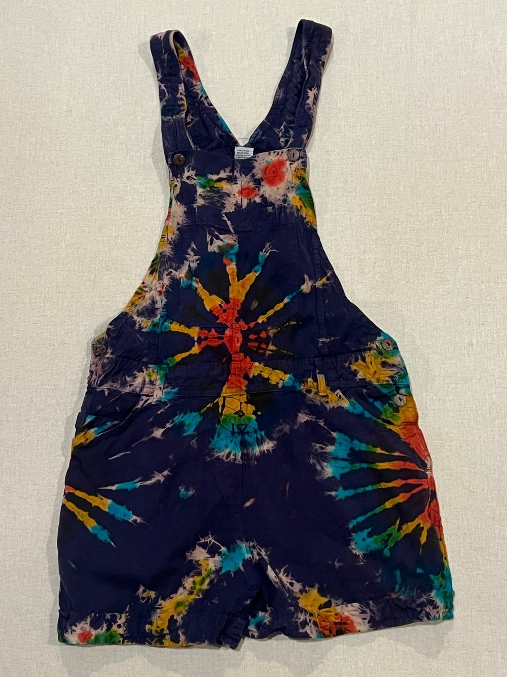 Hippie Tie-Dye Short Overalls Made in Nepal 100% Cotton Navy Multicolor Small